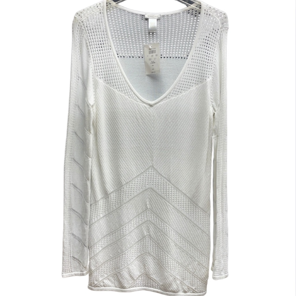 NWT Cache White Sheer Open Weave Deep V Neck Sweater Sz L